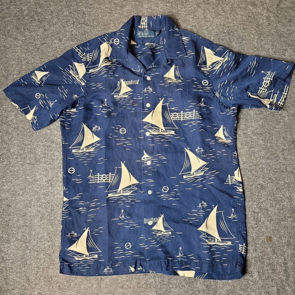 Vtg 90's Polo Ralph Lauren Mens Shirt Sleeve Shirt Size S Boat Sail Blue Yacht - Picture 1 of 10